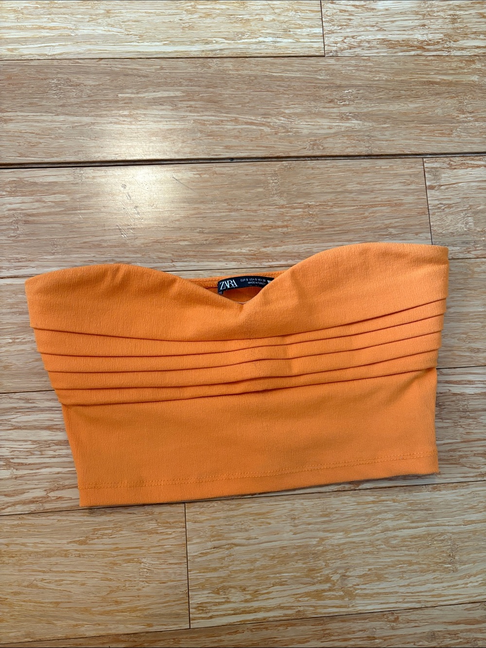 Zara Bright Orange Strapless Pleated Crop Top